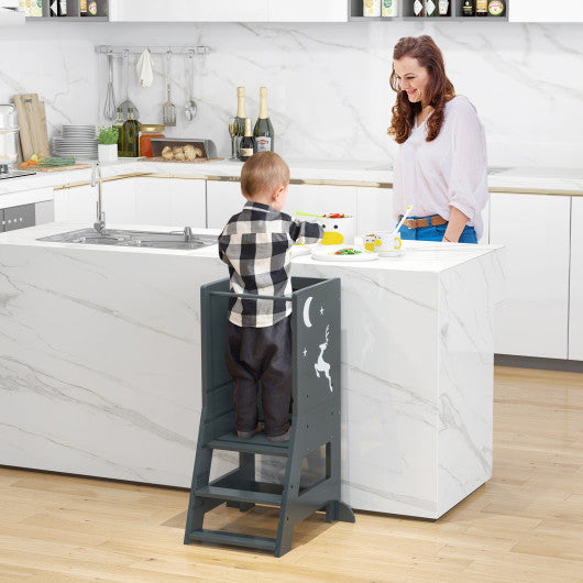 Toddler Kitchen Stool Baby Standing Tower with Chalkboard and Whiteboard-Gray