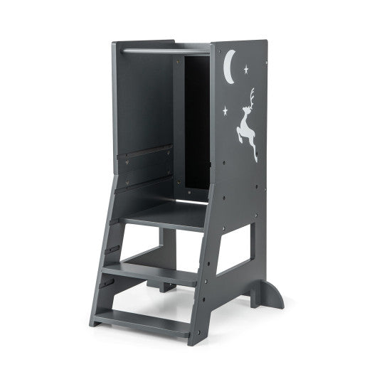 Toddler Kitchen Stool Baby Standing Tower with Chalkboard and Whiteboard-Gray