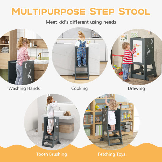 Toddler Kitchen Stool Baby Standing Tower with Chalkboard and Whiteboard-Gray