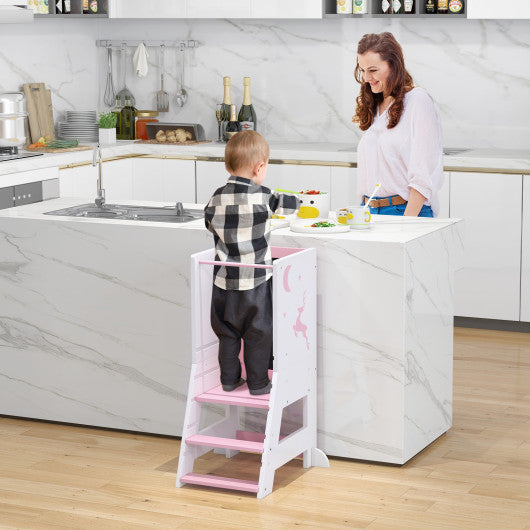 Toddler Kitchen Stool Baby Standing Tower with Chalkboard and Whiteboard-Pink