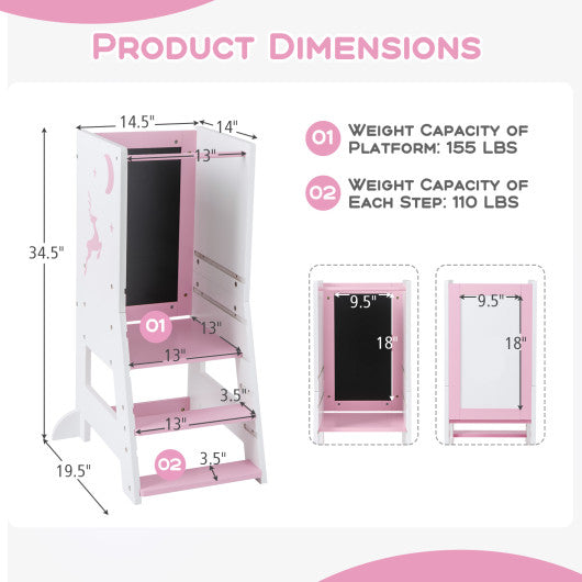 Toddler Kitchen Stool Baby Standing Tower with Chalkboard and Whiteboard-Pink