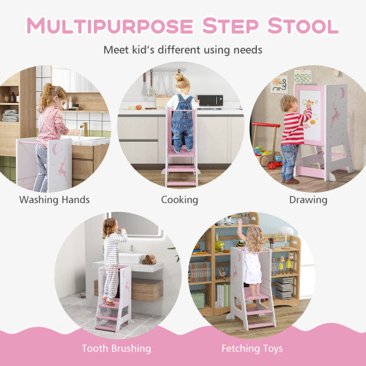 Toddler Kitchen Stool Baby Standing Tower with Chalkboard and Whiteboard-Pink