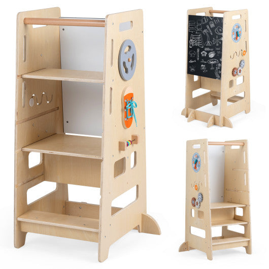 Toddler Standing Tower with Adjustable Height and Blackboard-Natural