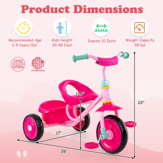 Toddler Tricycle for Boys and Girls 2-5 Years Old  with Removable Rear Storage Basket-Pink