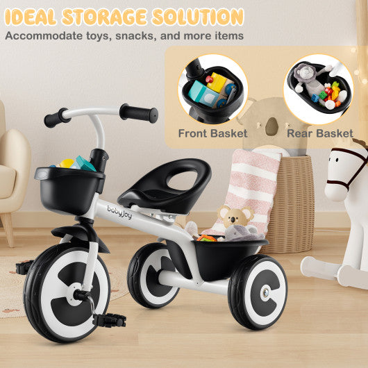 Toddler Tricycle with Adjustable Seat and Storage Baskets for 1.5-5 Years Old-White
