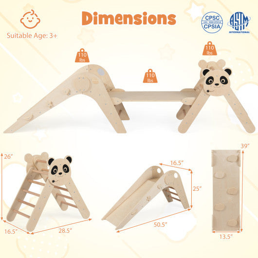 Triangle Set Foldable Kids Climbing Toys Panda-Themed Wood Montessori Climbing Set-Natural