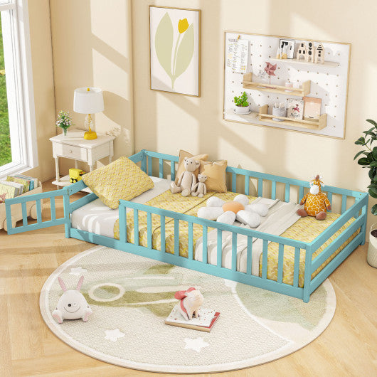 Twin Size Montessori Floor Bed Frame with Full Length Safety Guardrails-Dark Green