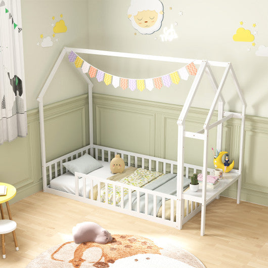 Twin House Floor Bed Montessori Bed Frame with Storage Shelf-White