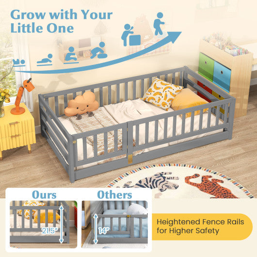 Twin Size Floor Bed with High Fence and Door Playhouse for Kids-Gray
