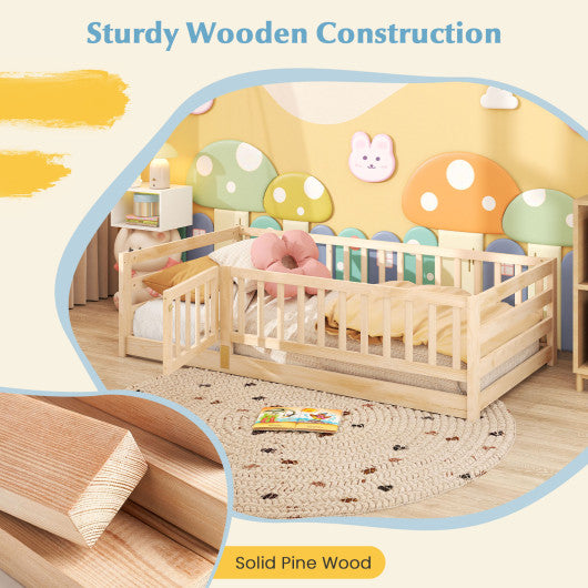 Twin Size Floor Bed with High Fence and Door Playhouse for Kids-Natural