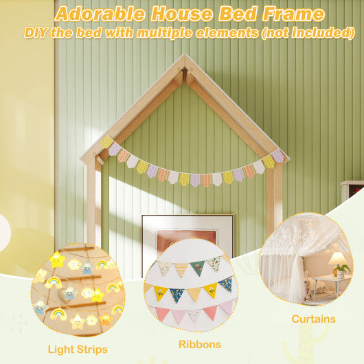 Twin Size House Bed with House Shape Roof and Semi-Fence-Natural