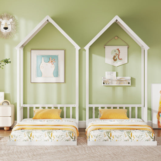 Twin Size House Bed with House Shape Roof and Semi-Fence-White