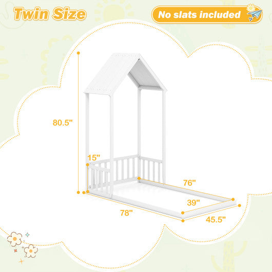 Twin Size House Bed with House Shape Roof and Semi-Fence-White