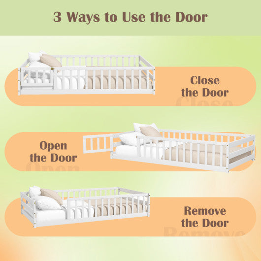 Twin Size Kids Wood Montessori Floor Bed with Door and Fence-White