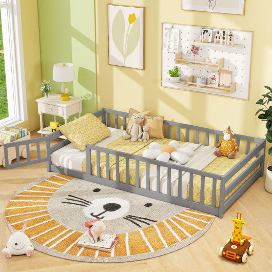 Twin Size Kids Wood Montessori Floor Bed with Door and Fence-Gray