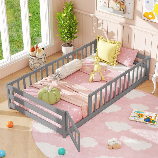 Twin Size Kids Wood Montessori Floor Bed with Door and Fence-Gray