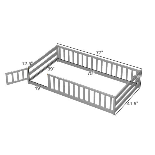 Twin Size Kids Wood Montessori Floor Bed with Door and Fence-Gray