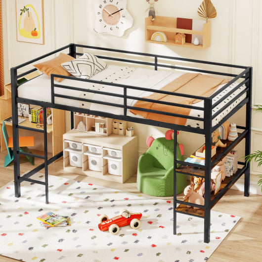 Twin Size Low Loft Bed with Ladder and Storage Shelves Metal Frame for Boys Girls-Black