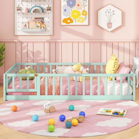 Twin Size Montessori Floor Bed Frame with Full Length Safety Guardrails-Green