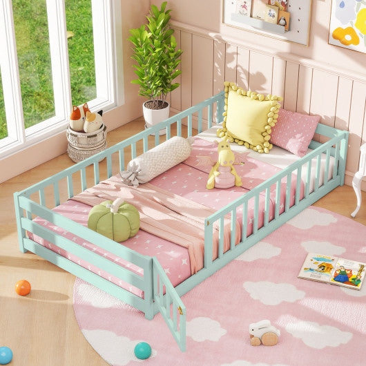Twin Size Montessori Floor Bed Frame with Full Length Safety Guardrails-Green