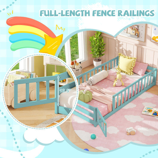 Twin Size Montessori Floor Bed Frame with Full Length Safety Guardrails-Dark Green