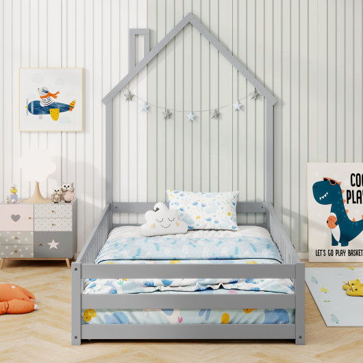 Twin Size Montessori Floor Bed with Lockable Door and Full-Length Guardrail-Gray