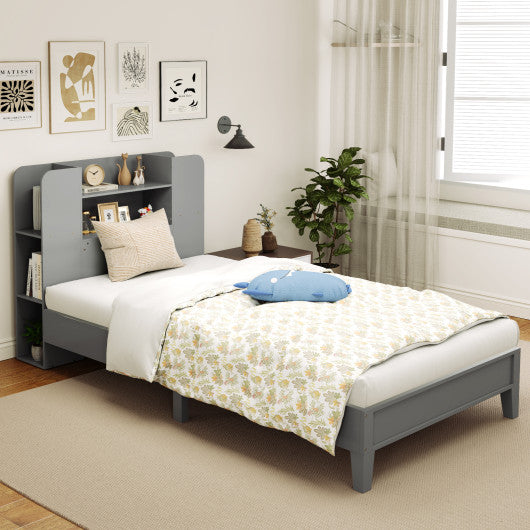 Twin Size Wooden Platform Bed Frame with Bookcase Headboard-Gray
