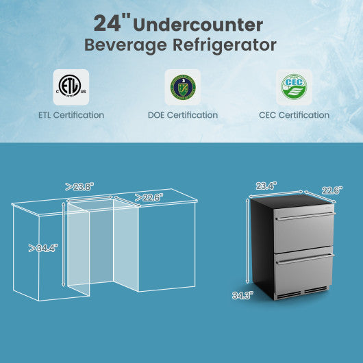 24 Inch Under Counter Dual Drawer Fridge with 37Éò-64Éò Temperature Range-Silver