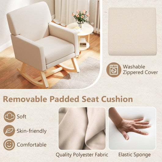 Upholstered Rocking Chair with and Solid Wood Base-Beige