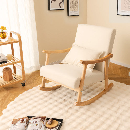 Upholstered Rocking Chair with Pillow and Rubber Wood Frame-Beige