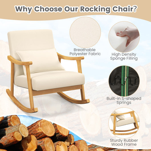 Upholstered Rocking Chair with Pillow and Rubber Wood Frame-Beige