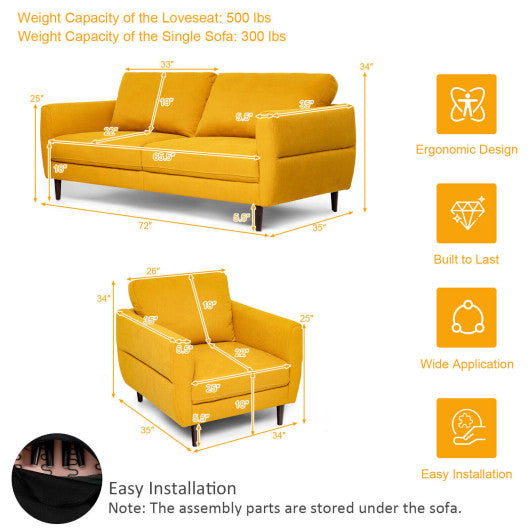 2 Pieces Upholstered Sofa Set with Removable Cushion Covers-Yellow