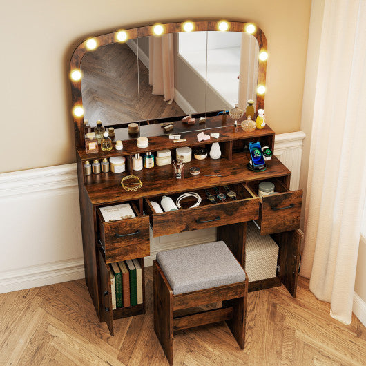 Vanity Desk Makeup Table with Stool 3-Color Lights and Charging Station-Rustic Brown