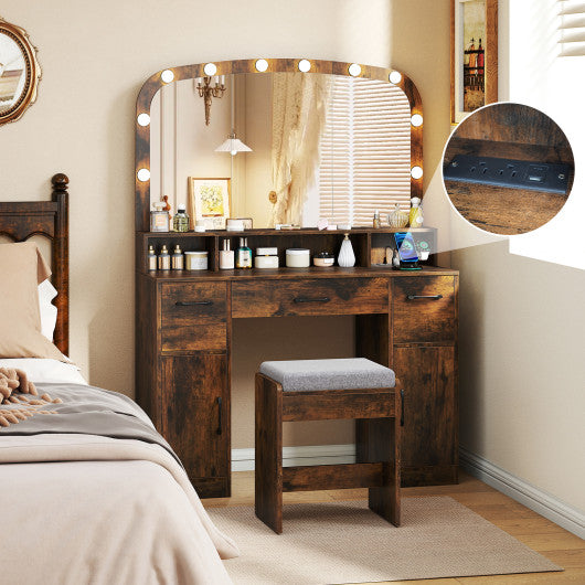 Vanity Desk Makeup Table with Stool 3-Color Lights and Charging Station-Rustic Brown