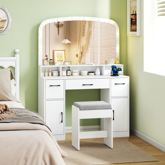 Vanity Desk Makeup Table with Stool 3-Color Lights and Charging Station-White