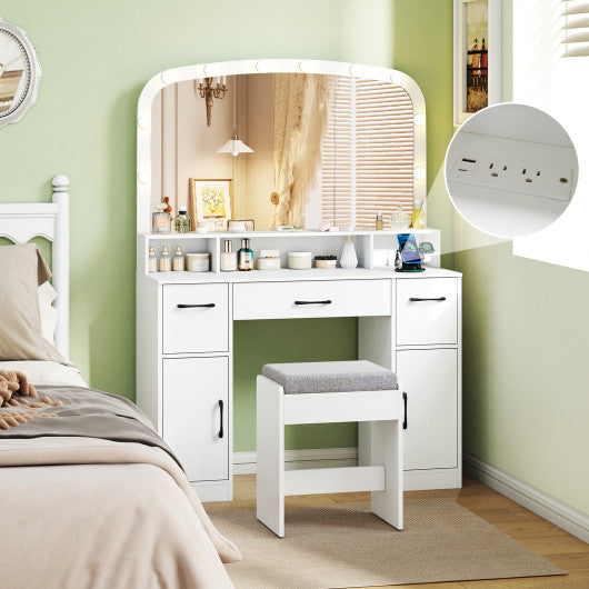 Vanity Desk Makeup Table with Stool 3-Color Lights and Charging Station-White