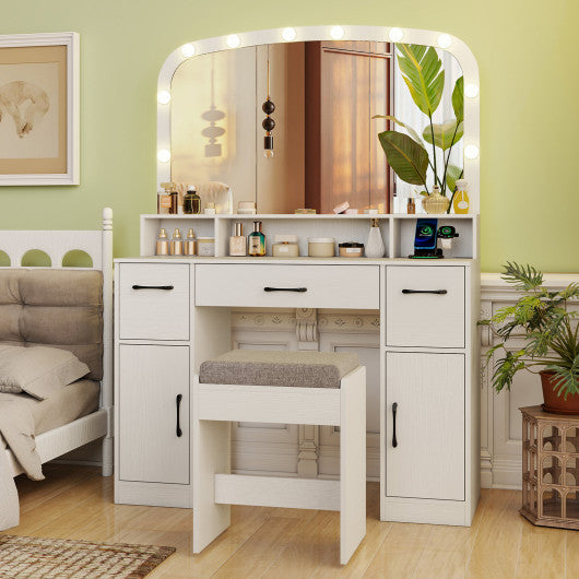 Vanity Desk Makeup Table with Stool 3-Color Lights and Charging Station-White