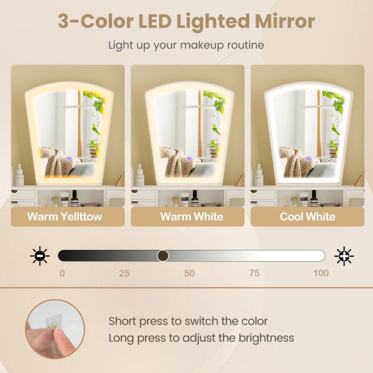 Vanity Desk Set with 3-Color Adjustable LED Lighted Mirror and Drawers-White