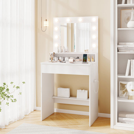 Vanity Desk with Adjustable Brightness and 3 Light Modes for Bedroom-White