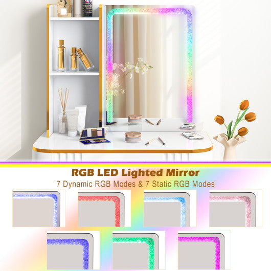 Vanity Table Set with RGB LED Lights and Wireless Charging Station-White