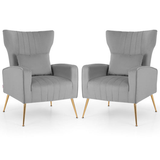 Velvet Upholstered Wingback Chair with Lumbar Pillow and Golden Metal Legs-Gray
