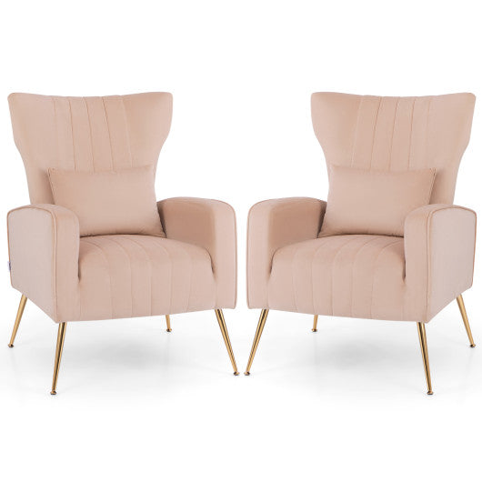 Velvet Upholstered Wingback Chair with Lumbar Pillow and Golden Metal Legs-Pink