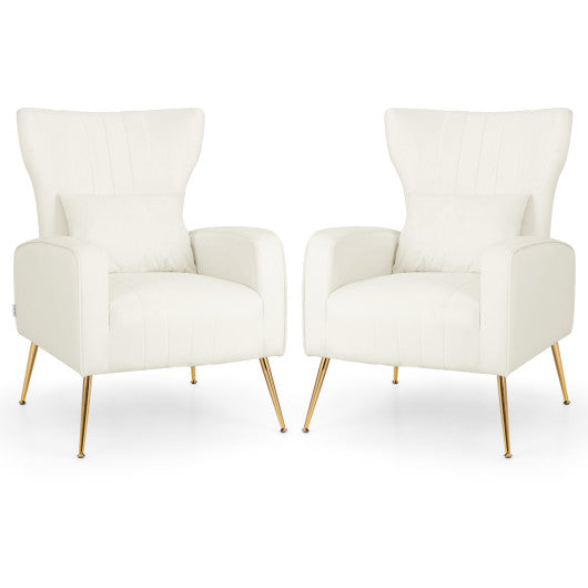 Velvet Upholstered Wingback Chair with Lumbar Pillow and Golden Metal Legs-White