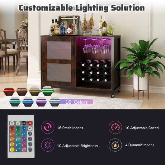 Wine Bar Cabinet with LED Light and Adjustable Shelves-Rustic Brown