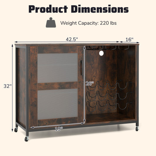 Wine Bar Cabinet with LED Light and Adjustable Shelves-Rustic Brown