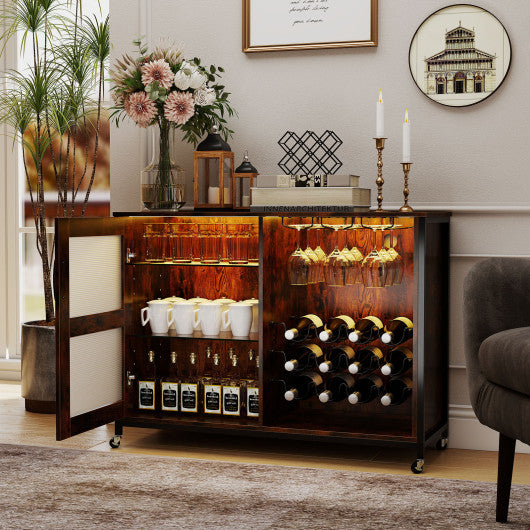 Wine Bar Cabinet with LED Light and Adjustable Shelves-Rustic Brown