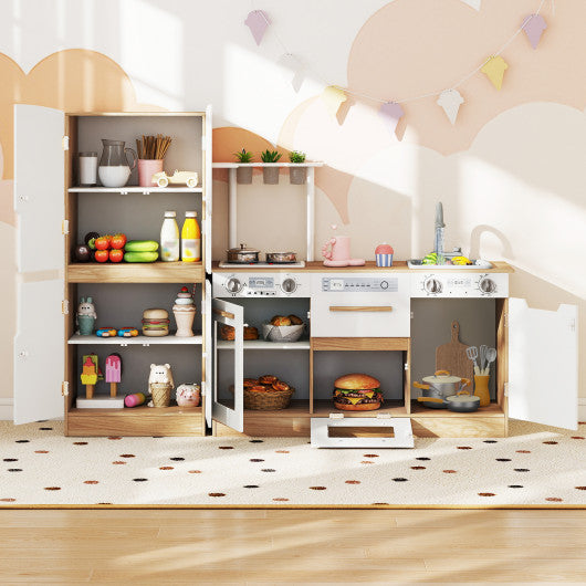 Wooden 2 Piece Kids Kitchen Playset with Fridge and Running Water-Natural