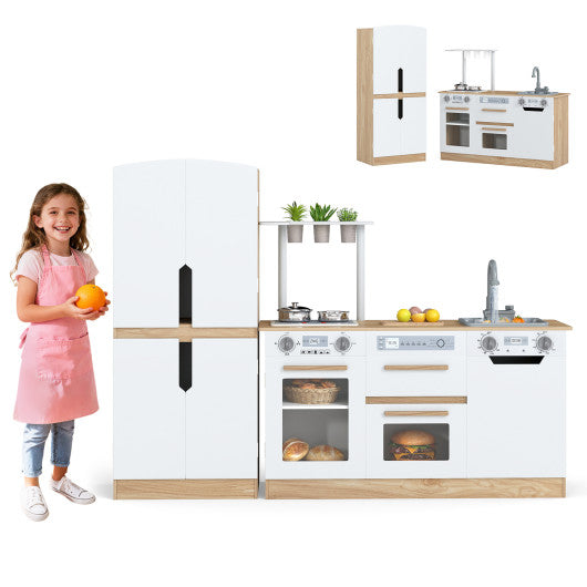 Wooden 2 Piece Kids Kitchen Playset with Fridge and Running Water-Natural
