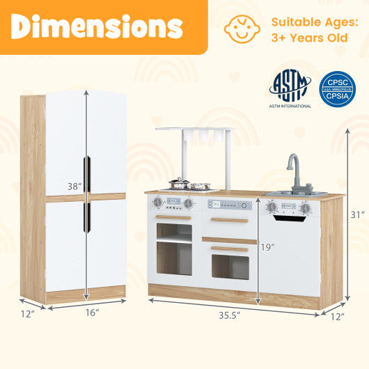Wooden 2 Piece Kids Kitchen Playset with Fridge and Running Water-Natural