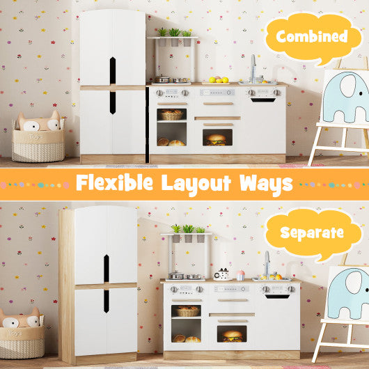 Wooden 2 Piece Kids Kitchen Playset with Fridge and Running Water-Natural